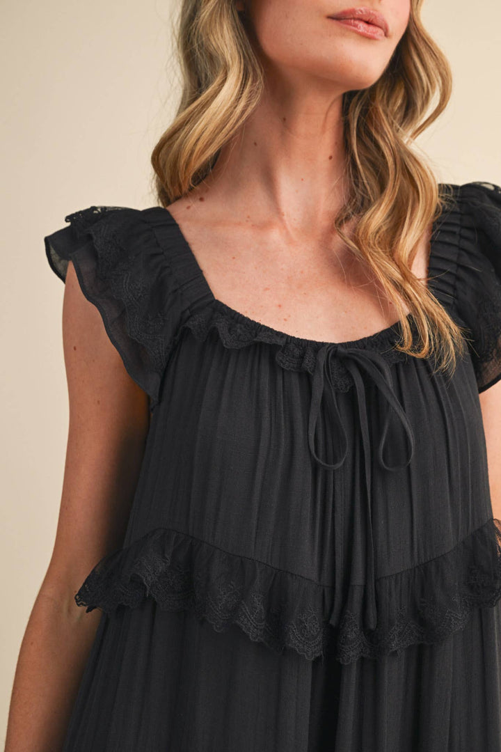 Tiered Lace Trim Flowy Maxi Dress in Black