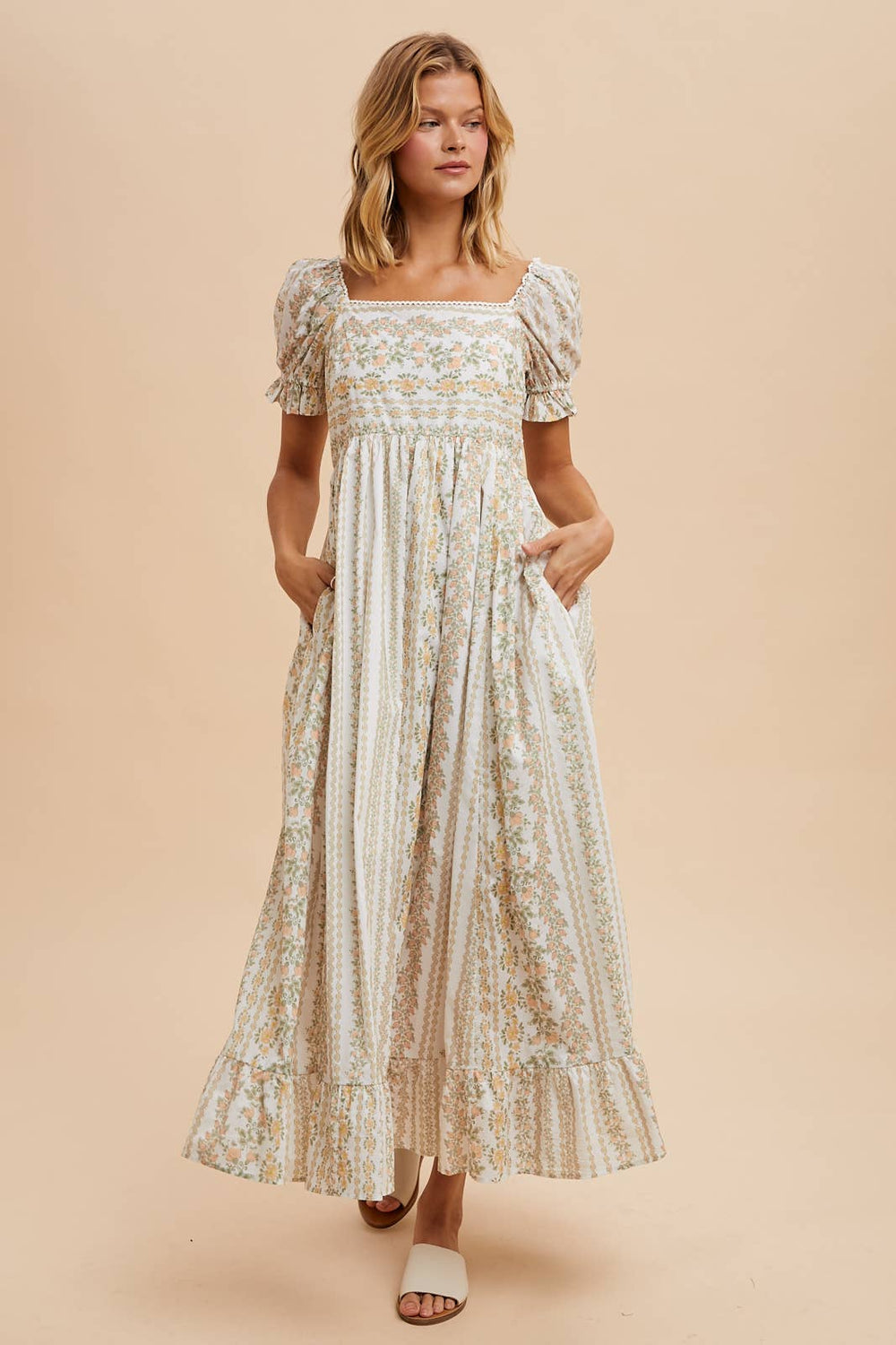 Coral peach spring maxi dress – front view