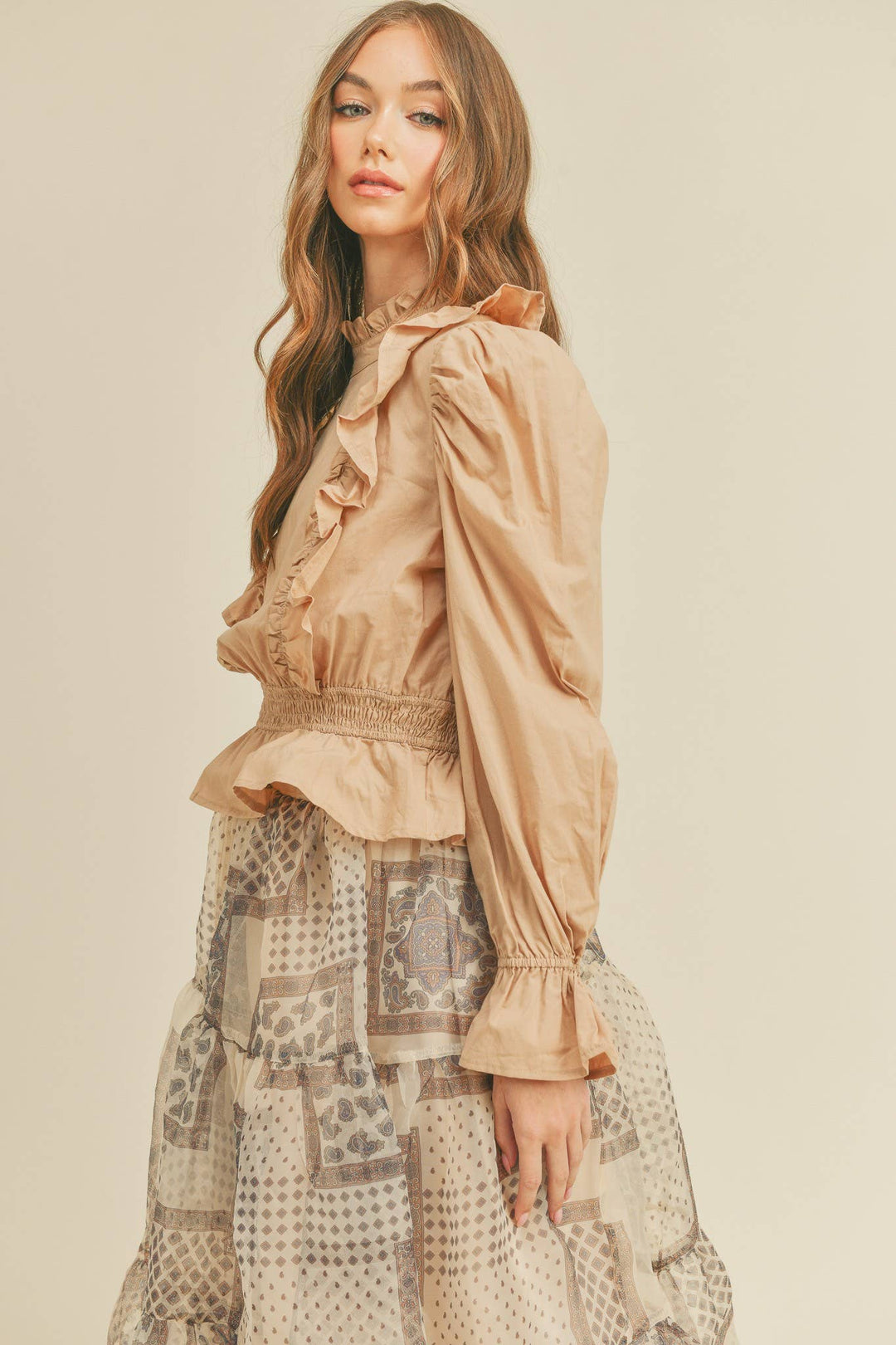 Ruffled High Neck Blouse in Beige