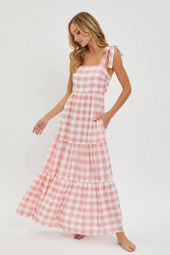 Gingham Tiered Maxi Dress in Pink