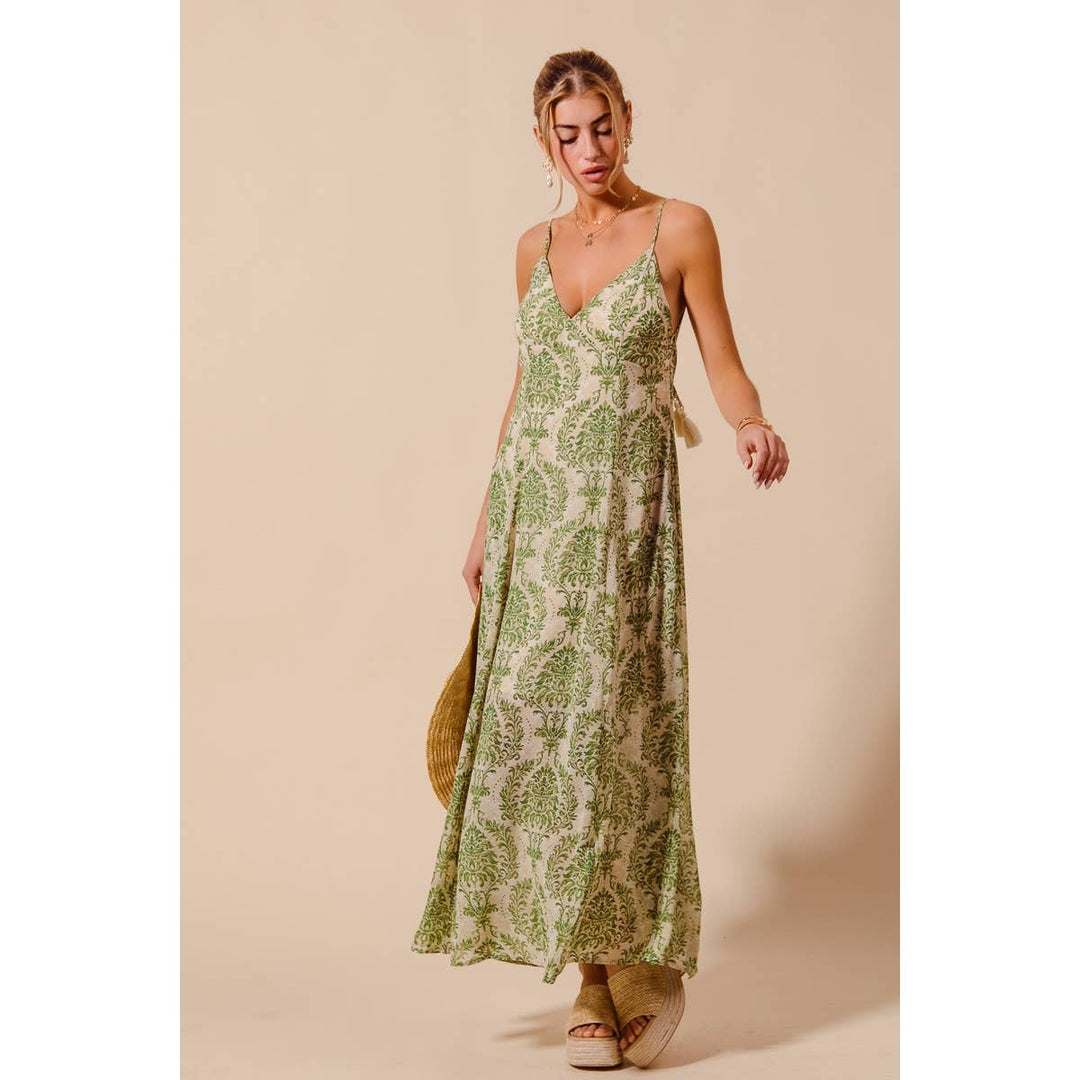 Damask Floral Summer Maxi Dress in Sage Green