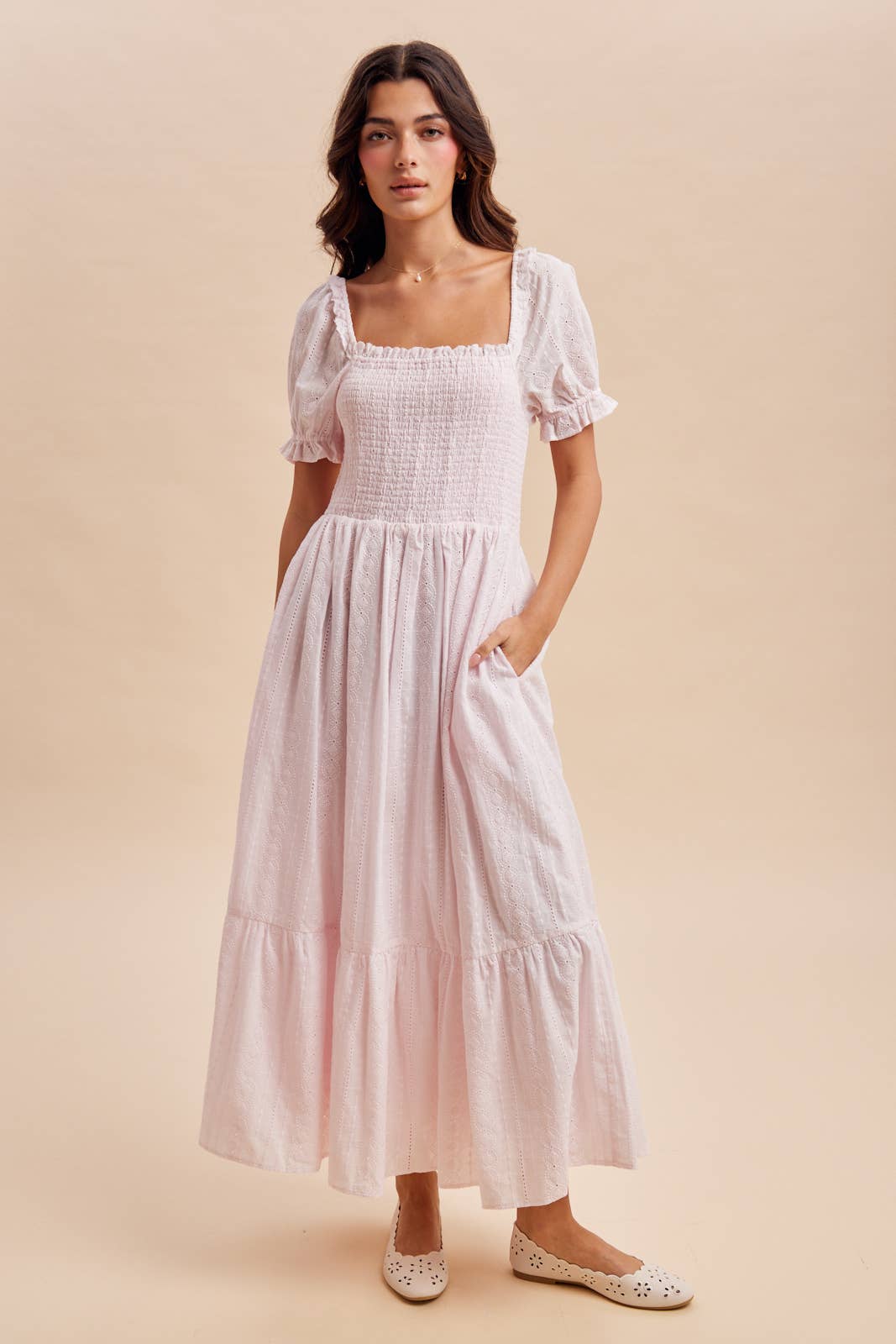 Pink smocked eyelet maxi dress – front view