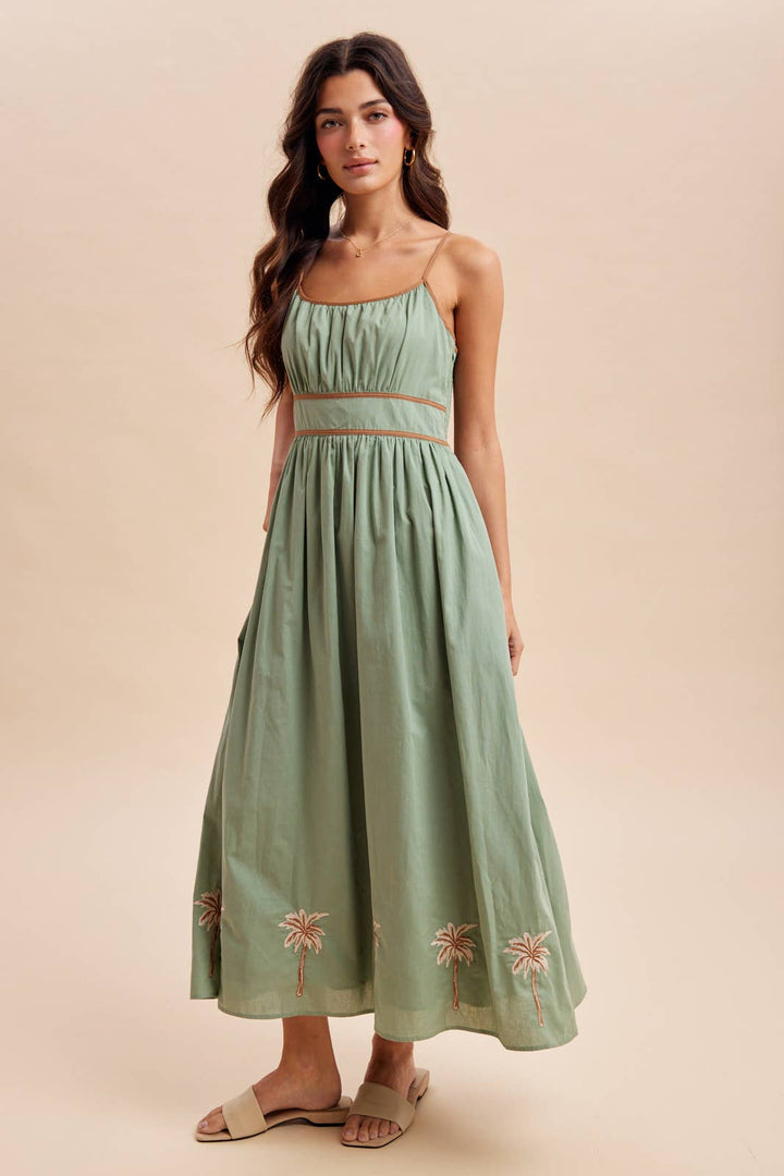Tropical embroidered sleeveless maxi dress – front view