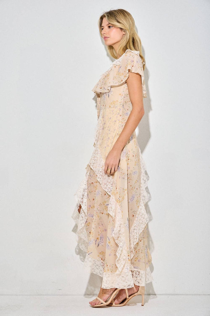 Floral Ruffle Tiered Maxi Dress in Light Yellow Multi