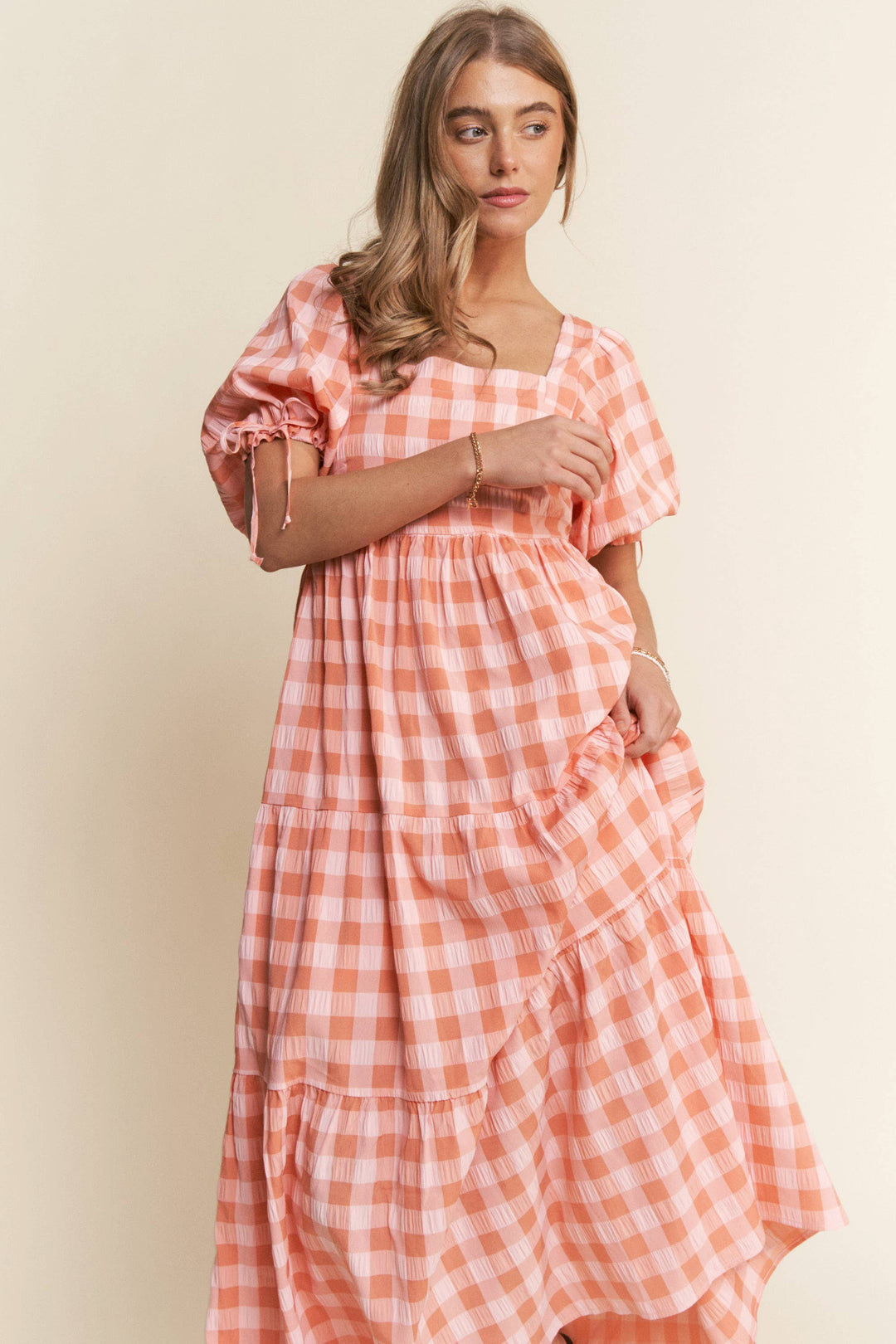 The Meadow Gingham Tiered Maxi Dress in Coral - Available June 5