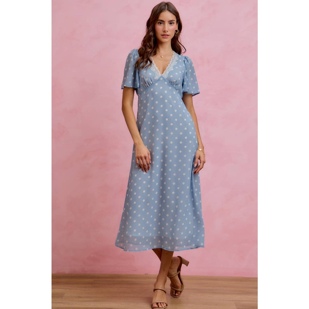 Polka Dot Chiffon Midi Dress in Blue - Available June 26