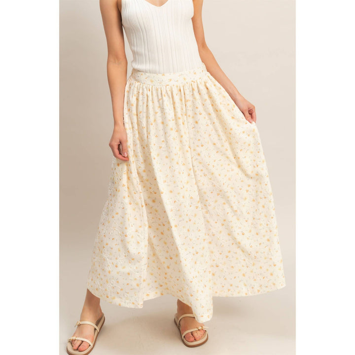 Floral Embroidered Midi Skirt in Yellow