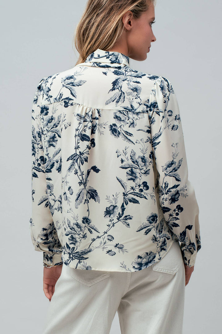 Toile Print Bow Blouse in Ivory & Navy