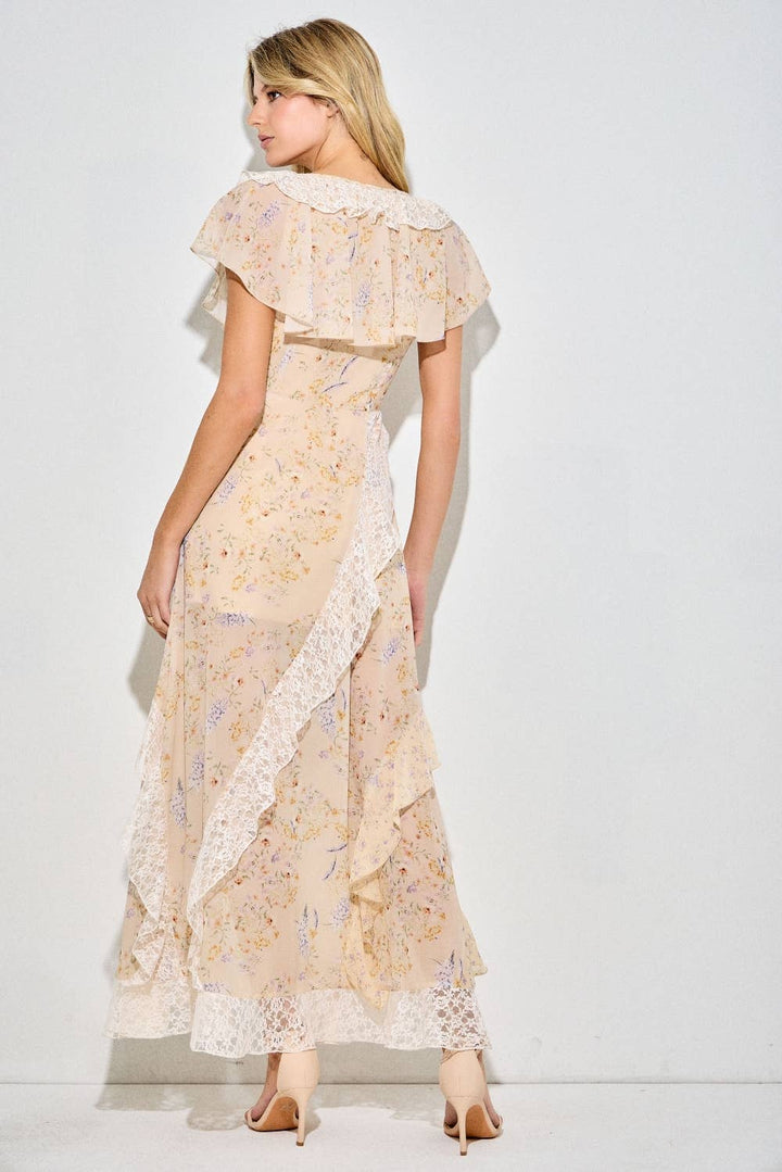 Floral Ruffle Tiered Maxi Dress in Light Yellow Multi