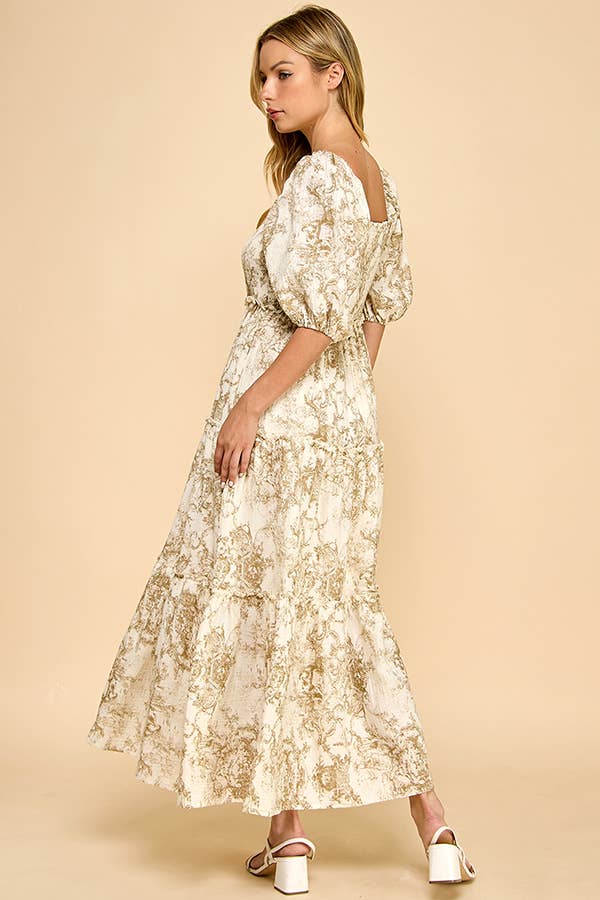 Hattie brown vintage print tiered maxi dress – front/side/back view