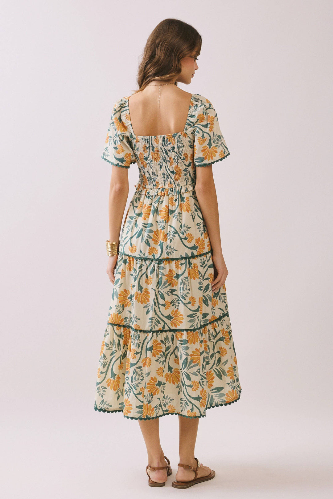 Floral smocked dress scallop hem – back view