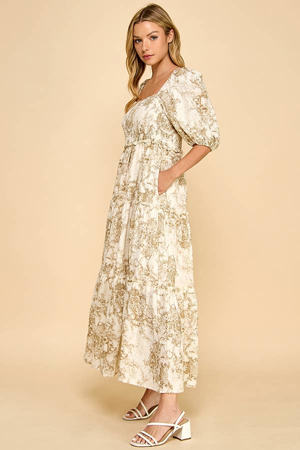 Hattie brown vintage print tiered maxi dress – front/side/back view