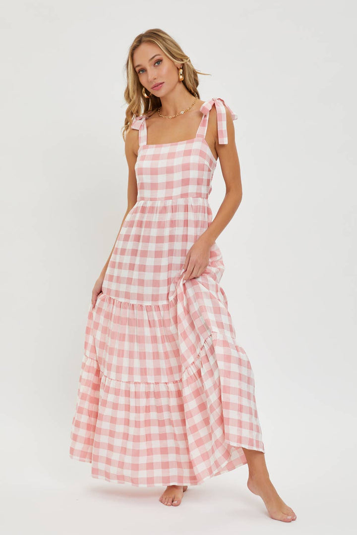 Gingham Tiered Maxi Dress in Pink