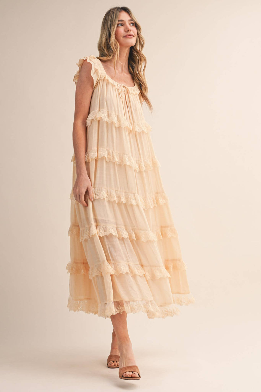 Tiered Lace Trim Flowy Maxi Dress - Available May 31