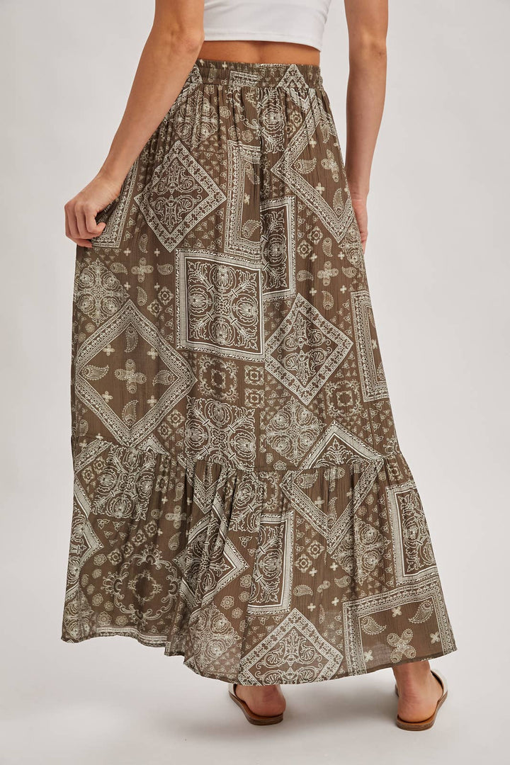Mocha boho tiered button down maxi skirt – back view