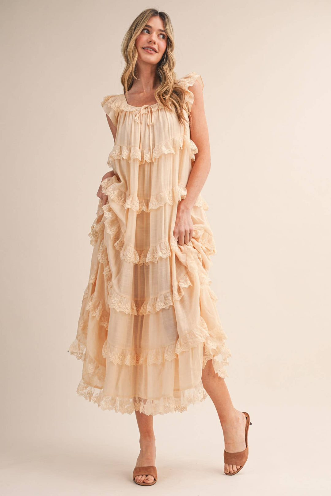 Tiered Lace Trim Flowy Maxi Dress - Available May 31