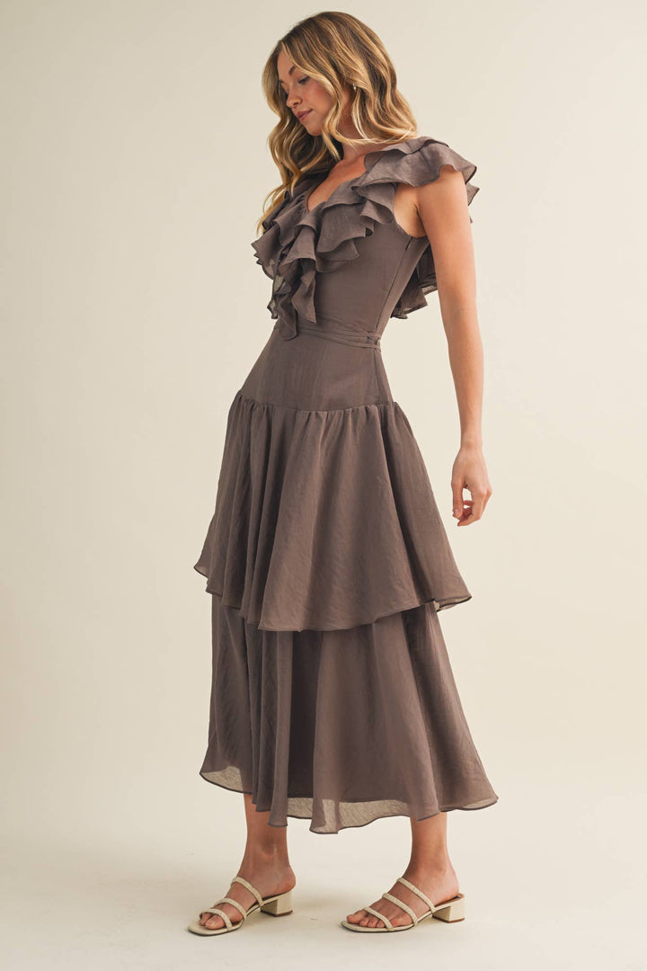 Ruffled Tiered Dress in Chocolate - Available June 24