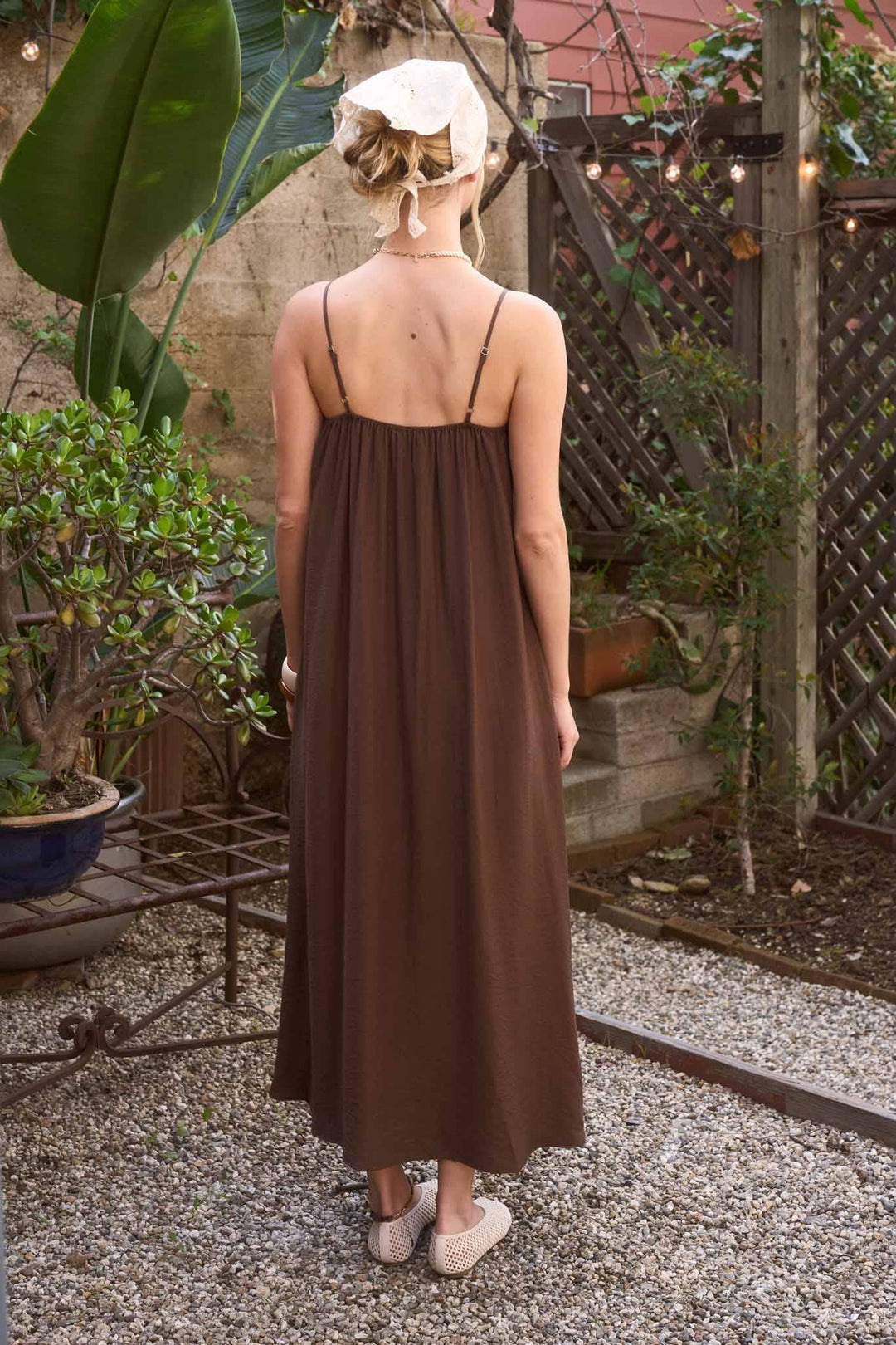 Pleated Pintuck Spaghetti Strap Maxi Dress in Brown