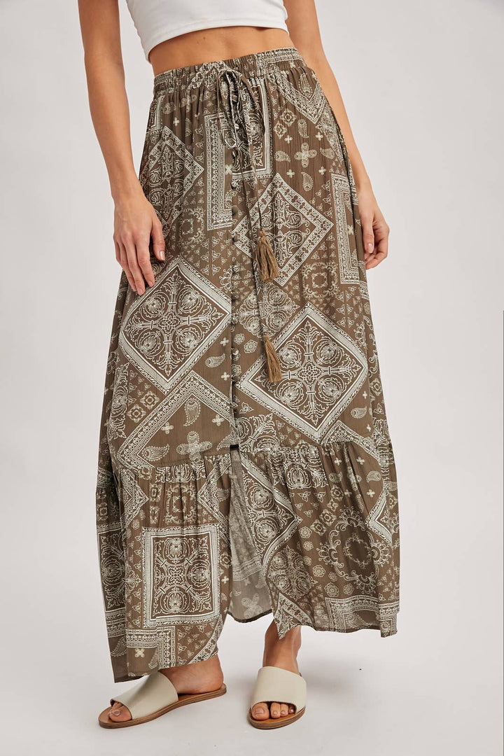 Mocha boho tiered button down maxi skirt – front view