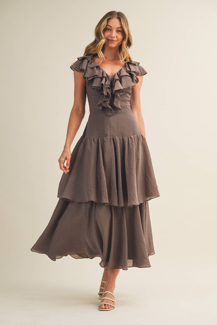Ruffled Tiered Dress in Chocolate - Available June 24