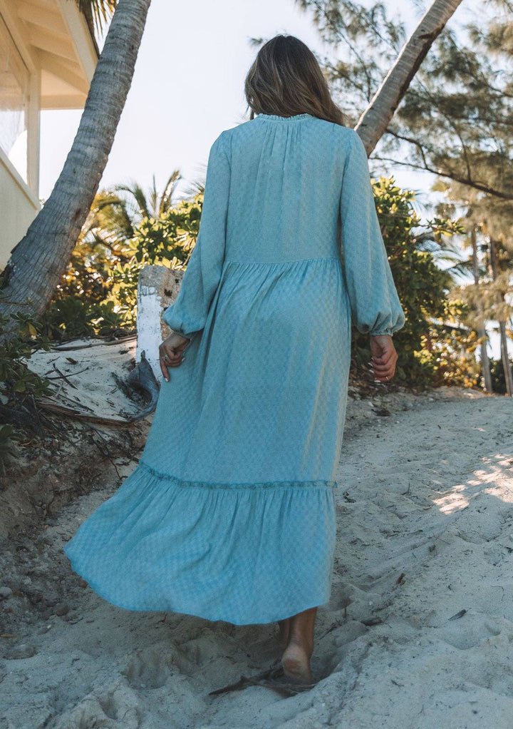Dusty teal boho long sleeve maxi dress – back view