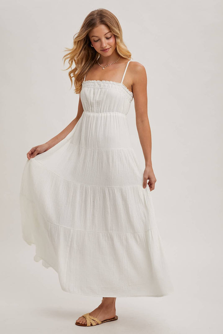 Ivory smocked ruffle trim tiered maxi dress – front view