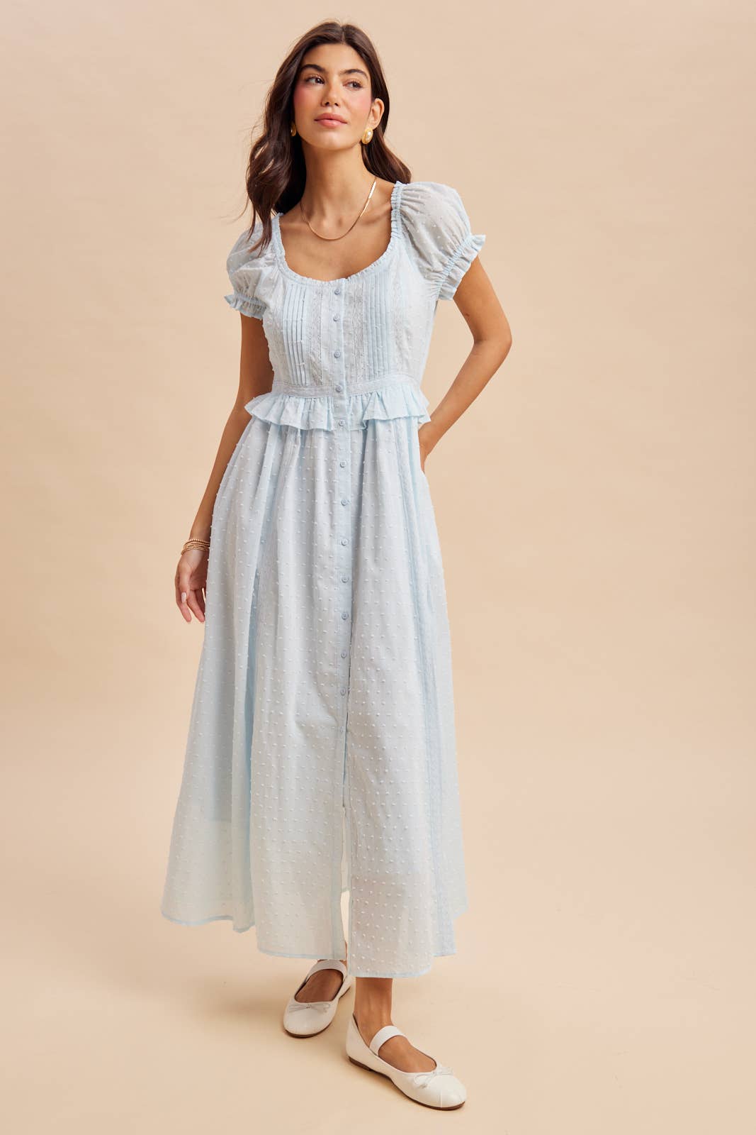 Swiss Dot Pintuck Maxi Dress in Blue