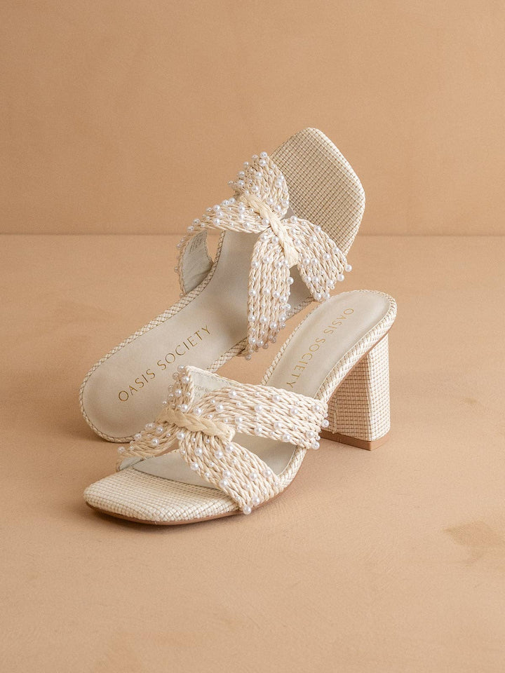 White pearl embroidered raffia block heel front view