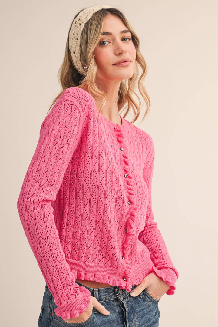 Ruffled Edge Pointelle Knit Sweater Cardigan in Berry