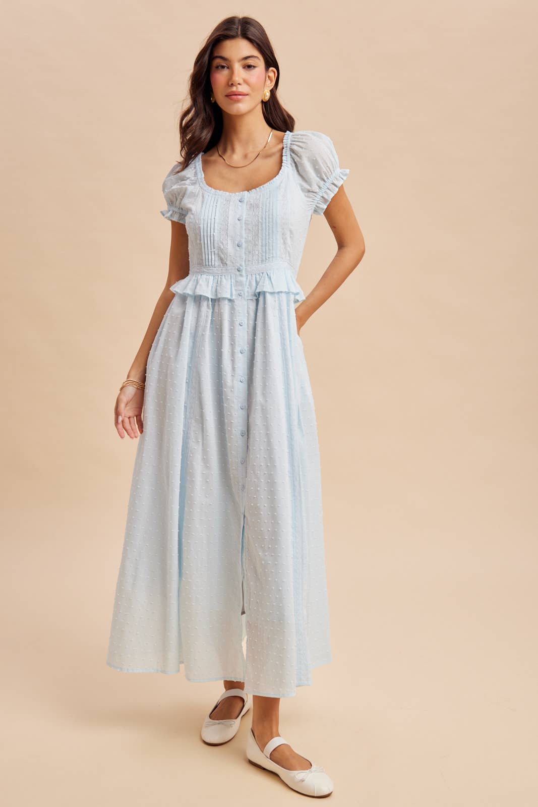 Swiss Dot Pintuck Maxi Dress in Blue