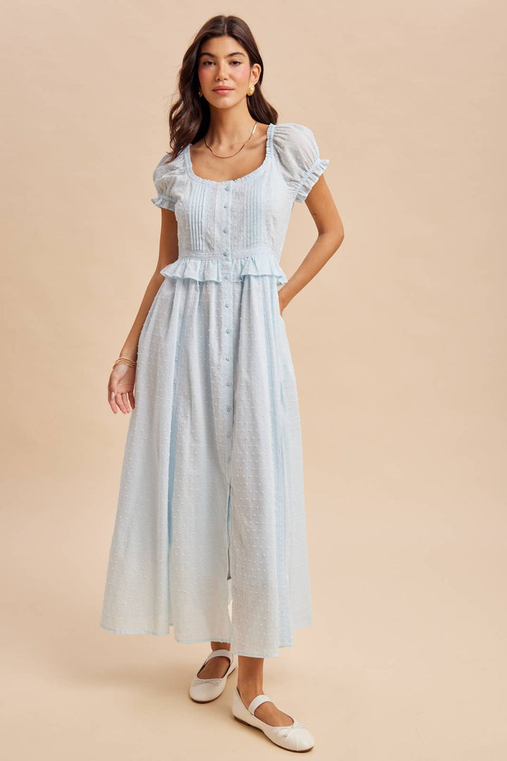 Swiss Dot Pintuck Maxi Dress in Blue