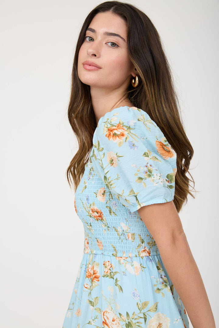 Vintage floral smocked midi dress – side view