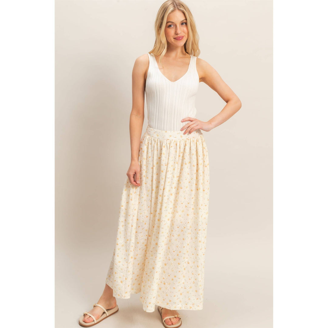 Floral Embroidered Midi Skirt in Yellow