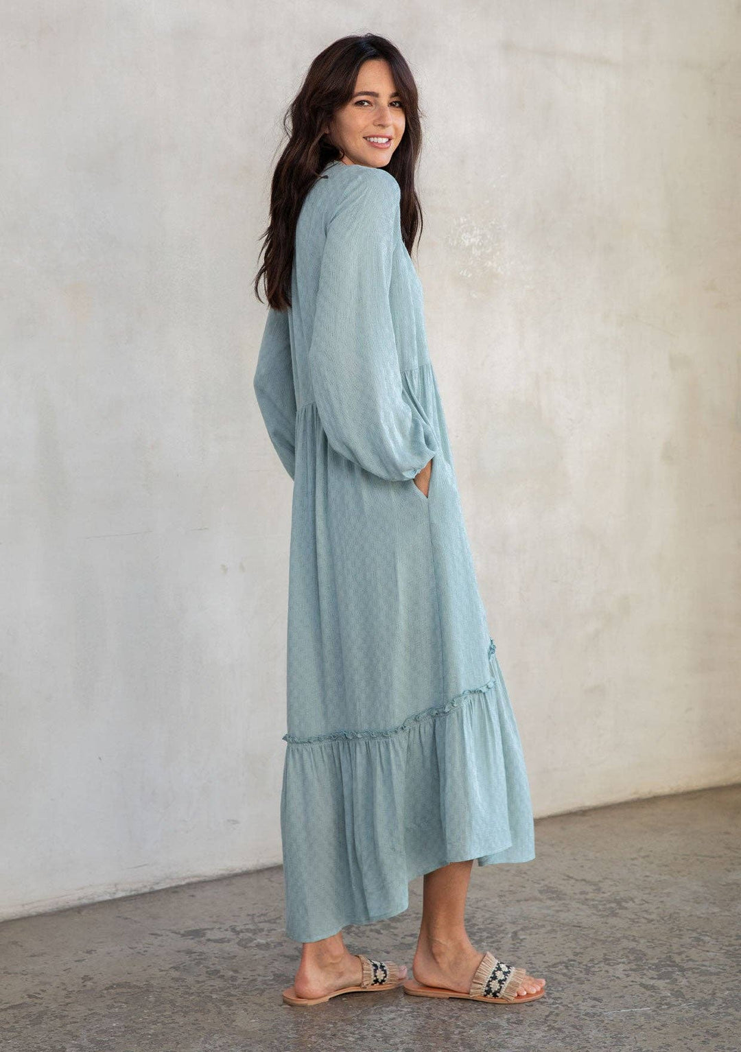 Dusty teal boho long sleeve maxi dress – back view