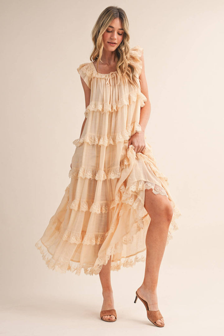 Tiered Lace Trim Flowy Maxi Dress - Available May 31