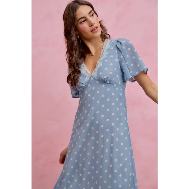 Polka Dot Chiffon Midi Dress in Blue - Available June 26
