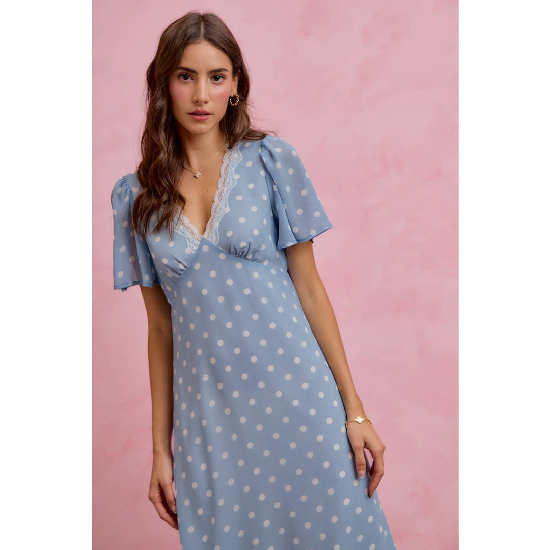 Polka Dot Chiffon Midi Dress in Blue - Available June 26