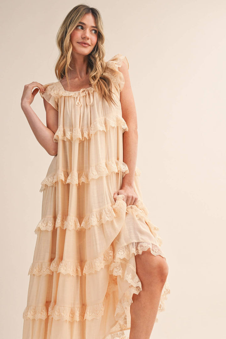 Tiered Lace Trim Flowy Maxi Dress - Available May 31