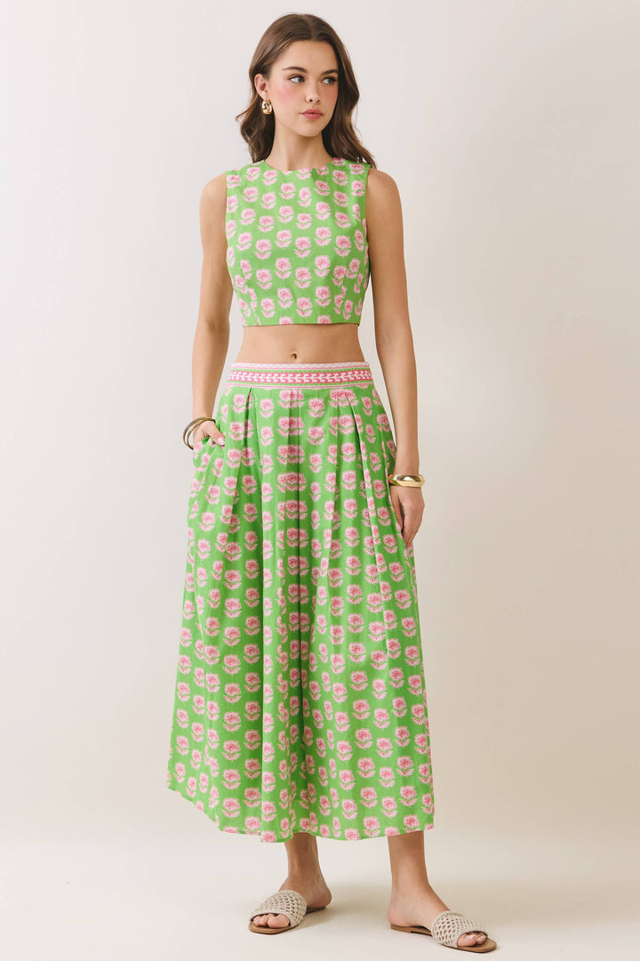 Floral Print Midi Skirt with Contrast Trim