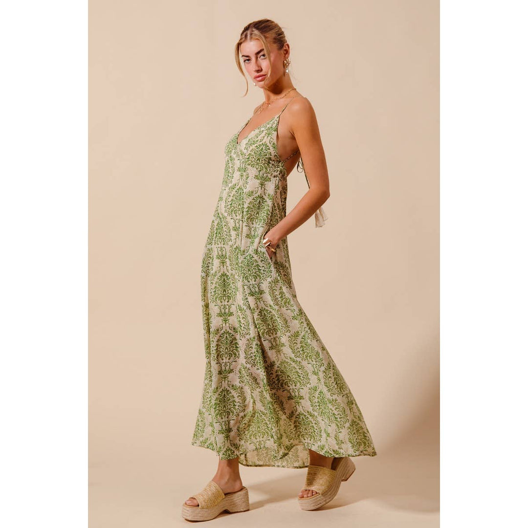 Damask Floral Summer Maxi Dress in Sage Green