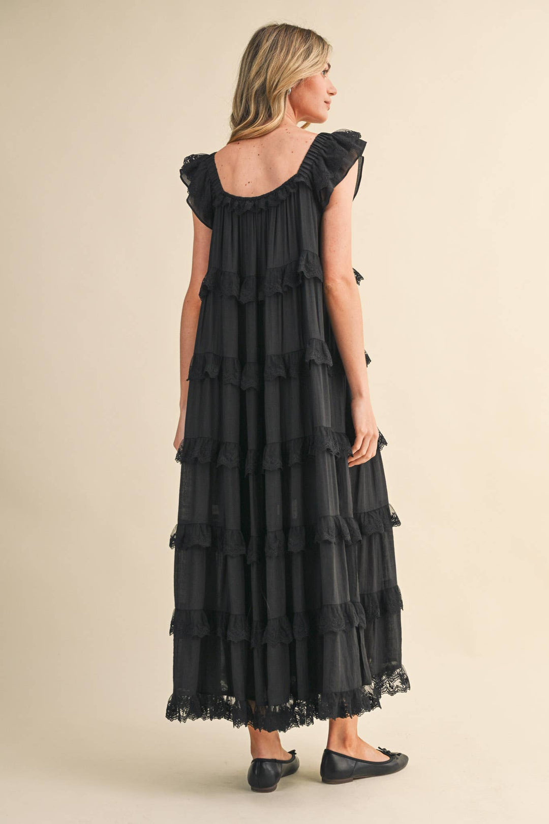 Tiered Lace Trim Flowy Maxi Dress in Black