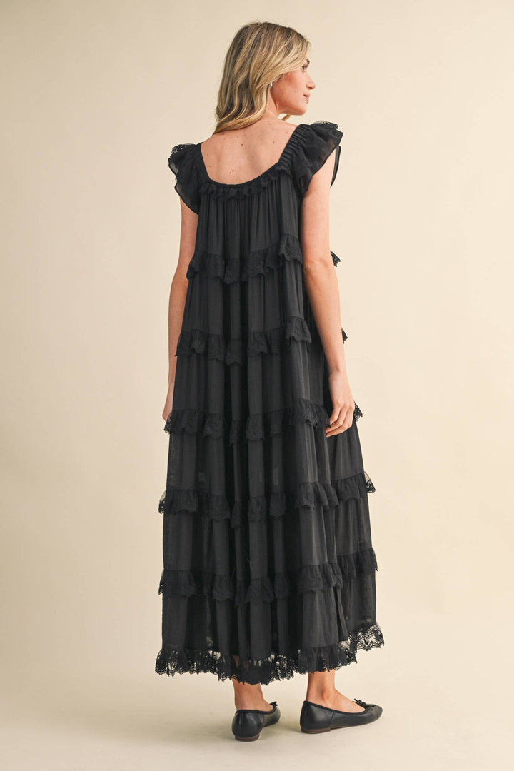 Tiered Lace Trim Flowy Maxi Dress in Black