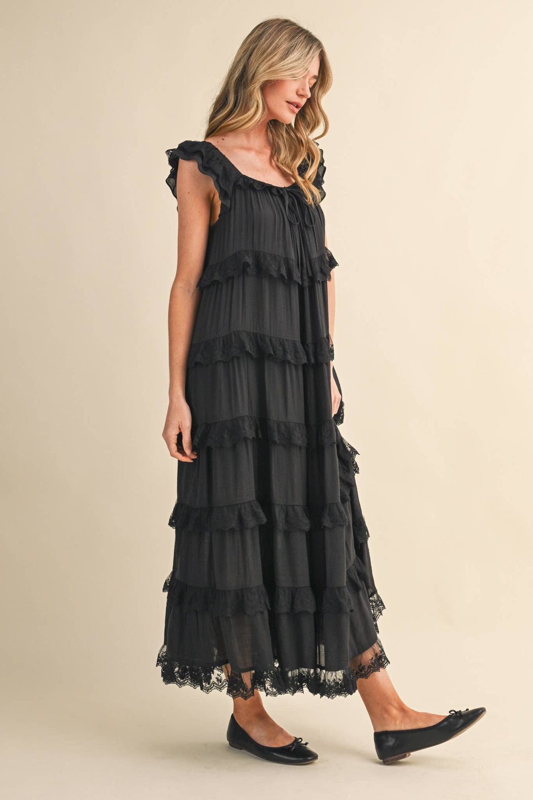 Tiered Lace Trim Flowy Maxi Dress in Black