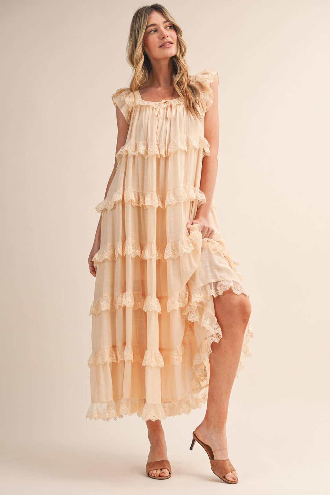 Tiered Lace Trim Flowy Maxi Dress - Available May 31