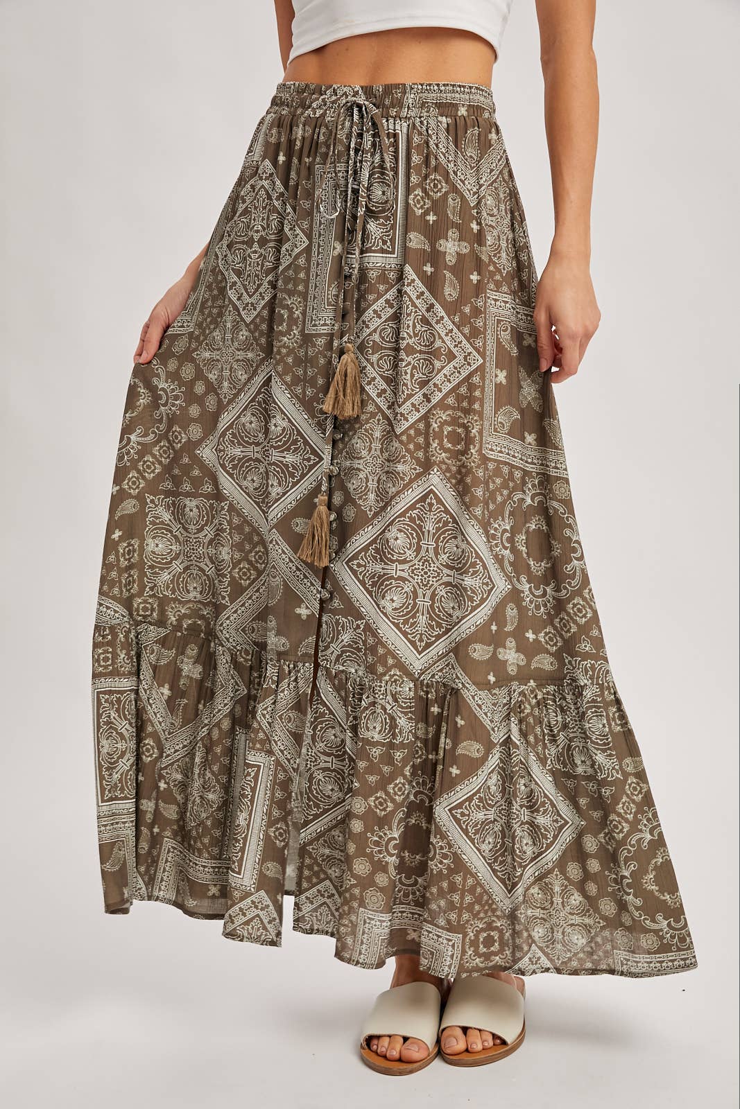 Mocha boho tiered button down maxi skirt – front view