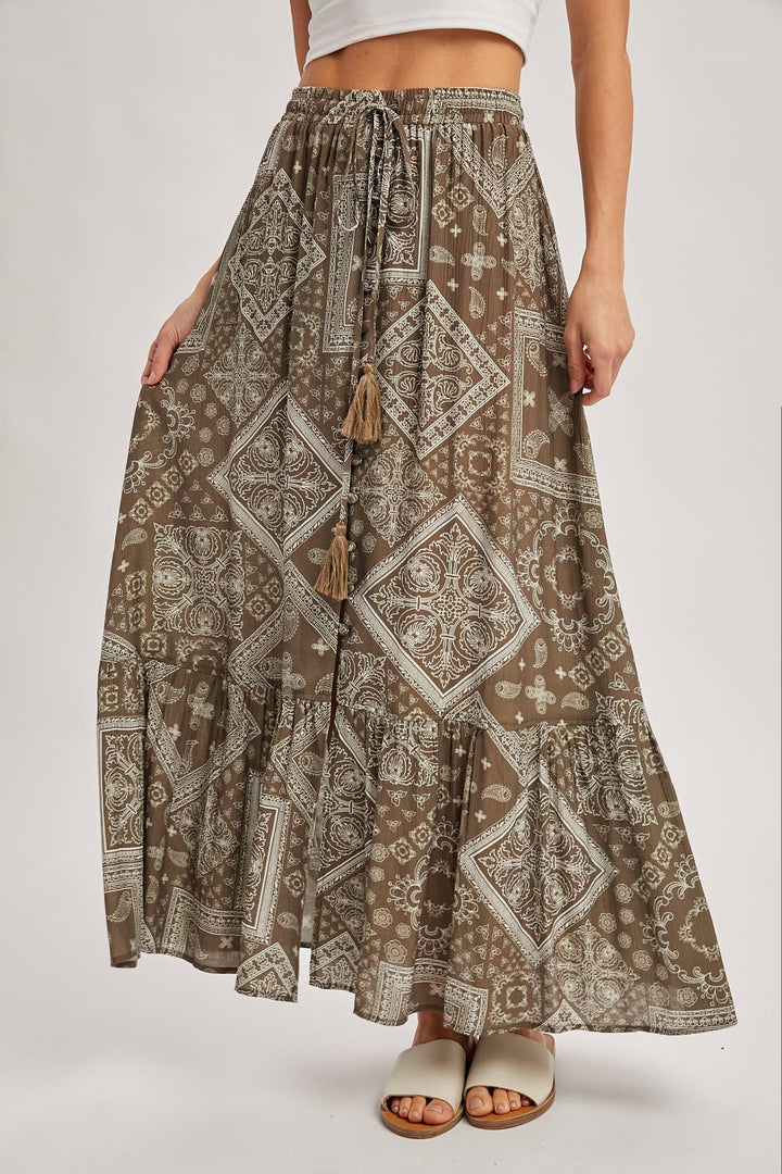 Mocha boho tiered button down maxi skirt – front view