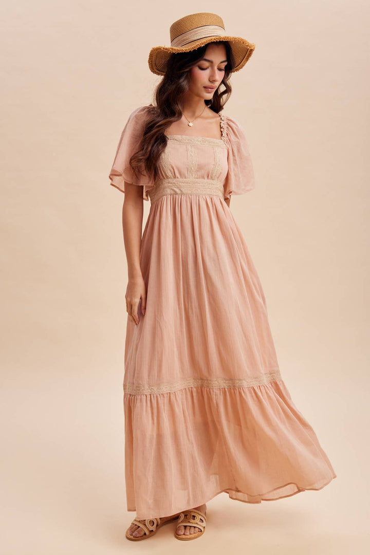 Dusty pink flutter sleeve maxi dress – front view
