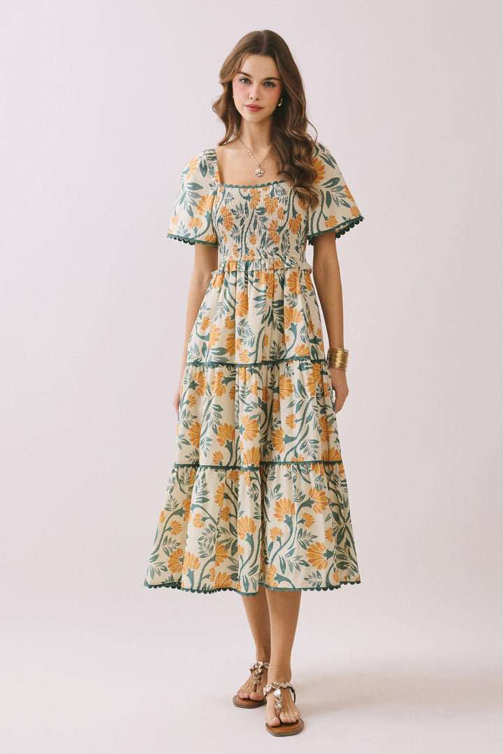 Floral print smocked bodice dress with scallop trim – front view