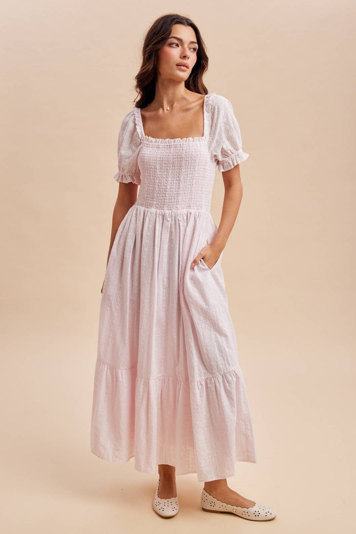 Pink smocked eyelet maxi dress – front view