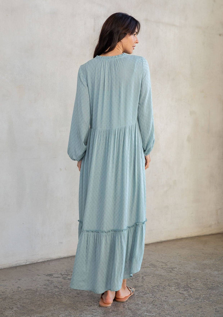Dusty teal boho long sleeve maxi dress – back view